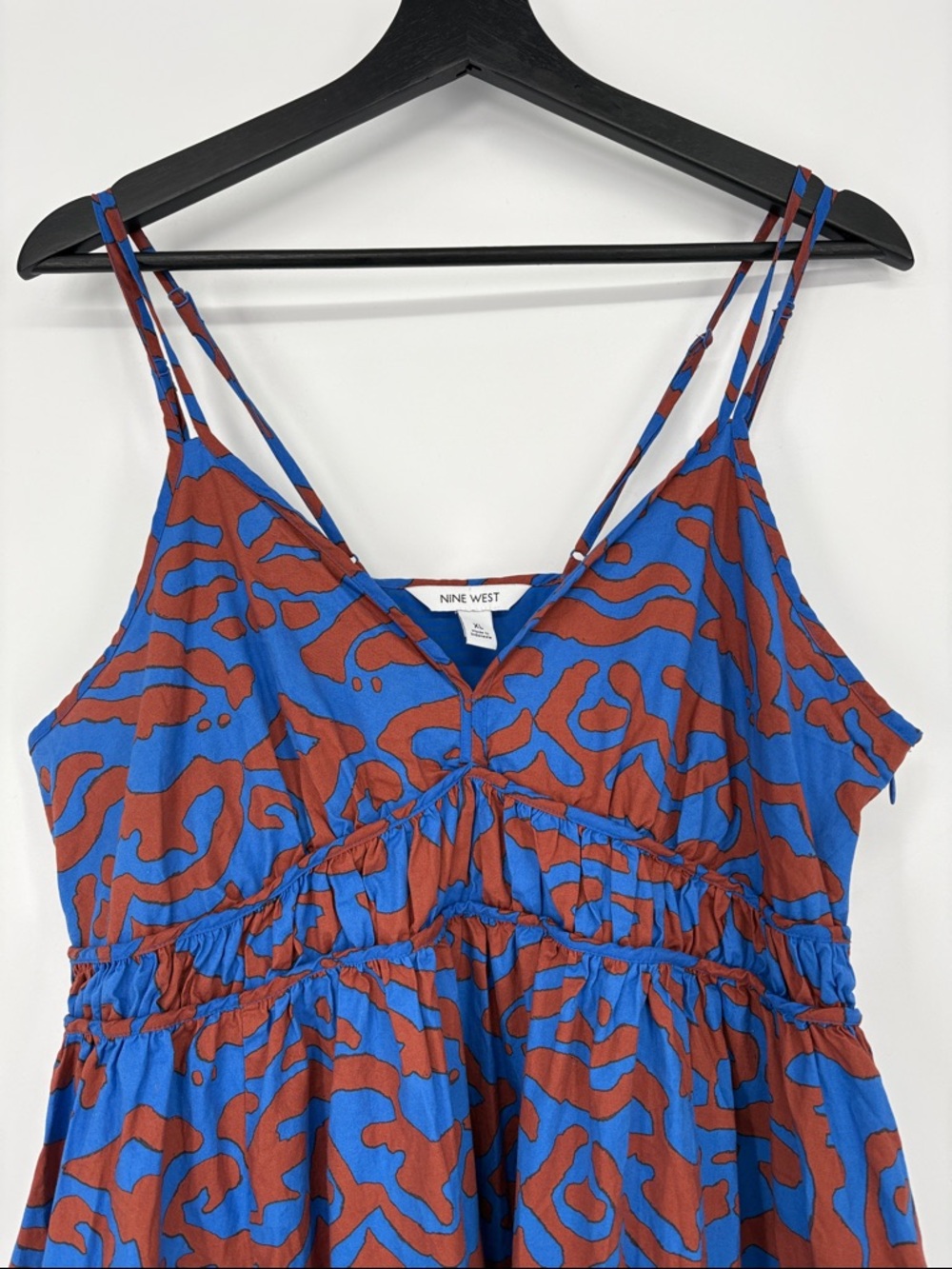 💆🏻‍♀️ Nine West cotton Blue & Brown Printed Spaghetti-Strap Maxi Dress - Picture 5 of 7